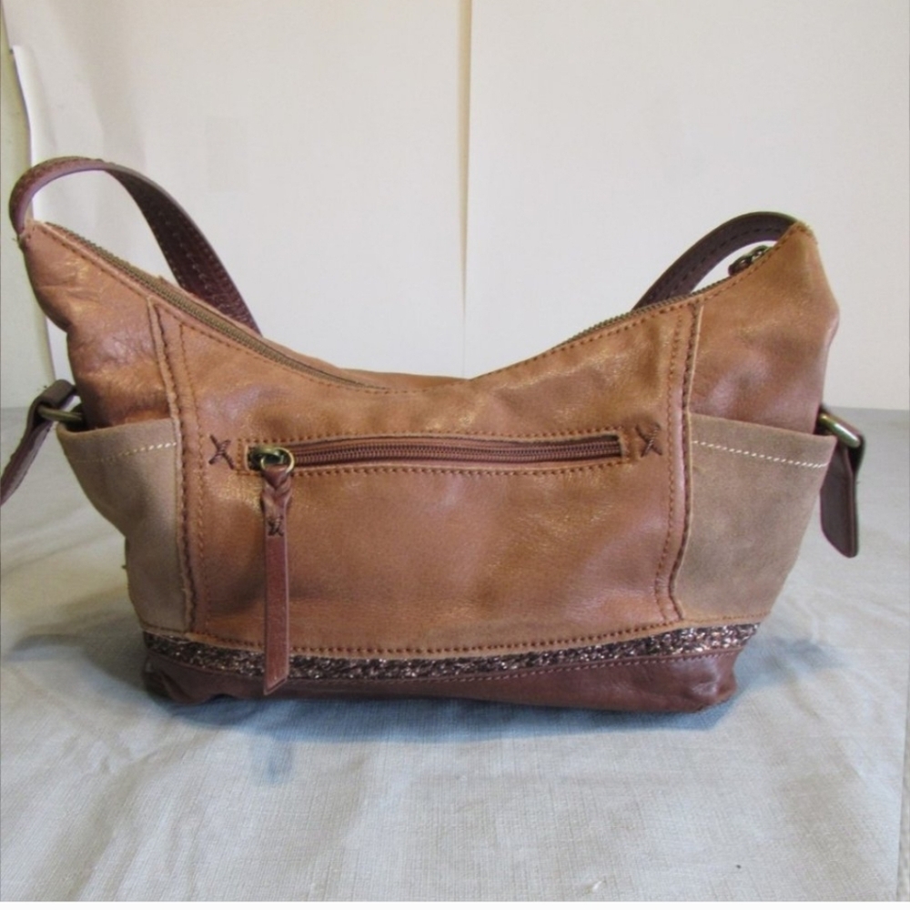 😁The Sak Brown & Tan Leather Shoulder Bag With Gold Sequince Embelishments